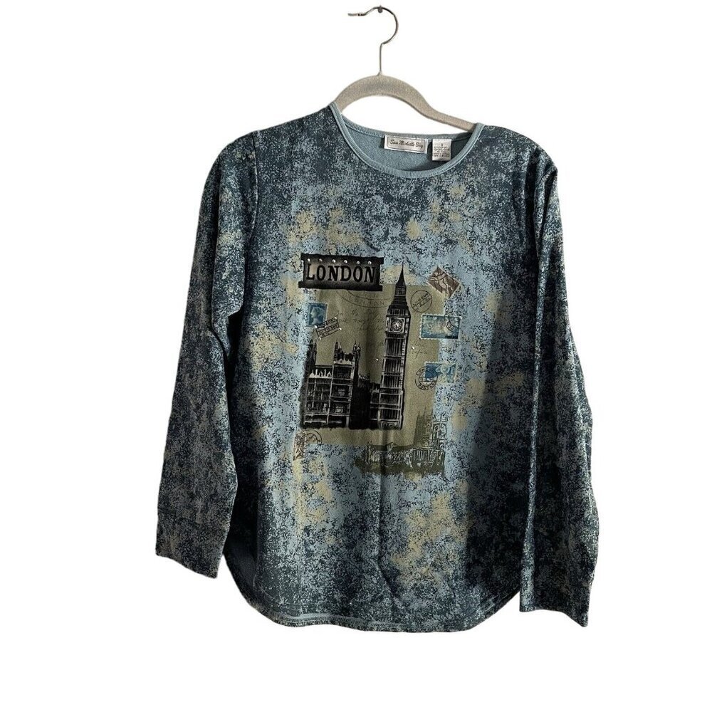 San Michelle Bay Women Sz S Blue Multicolor London Postcard Rhinestone Top NWT
